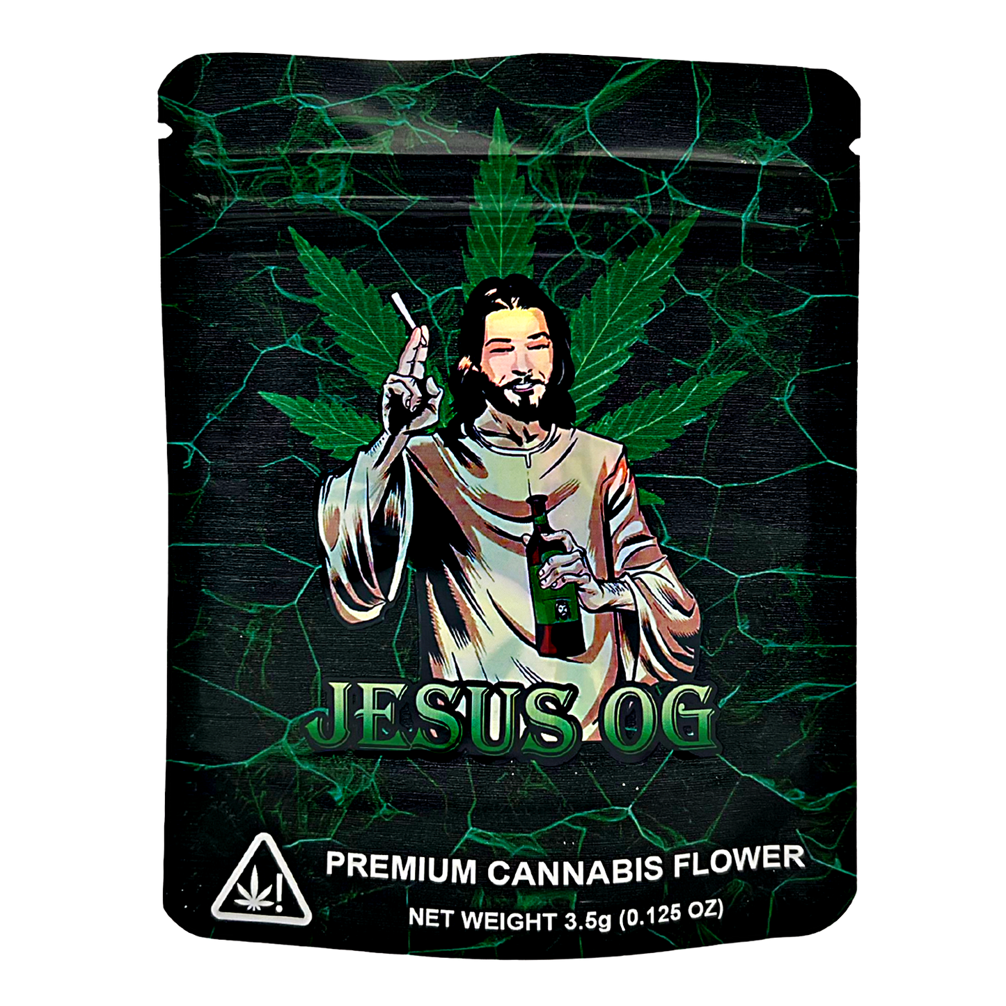 3.5G Mylar Bags, Cannabis Mylar Bags, Where to buy mylar bags, Custom mylar bags near me, Mylar Bags Wholesale. Packaging of 'Jesus OG' premium cannabis flower with a green leaf design.