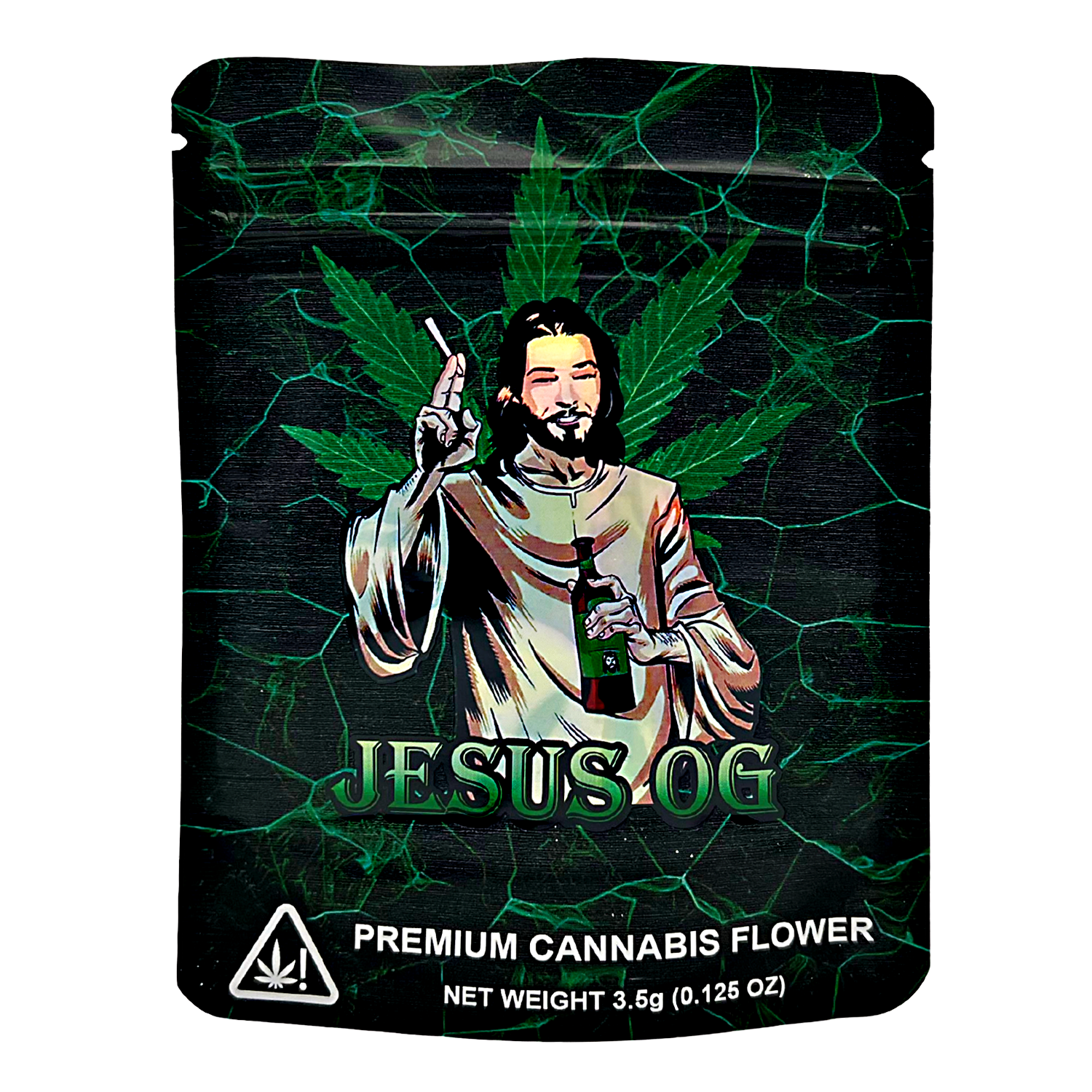 3.5G Mylar Bags, herb Mylar Bags, Where to buy mylar bags, Custom mylar bags near me, Mylar Bags Wholesale. Packaging of 'Jesus OG' premium herb flower with a green leaf design.