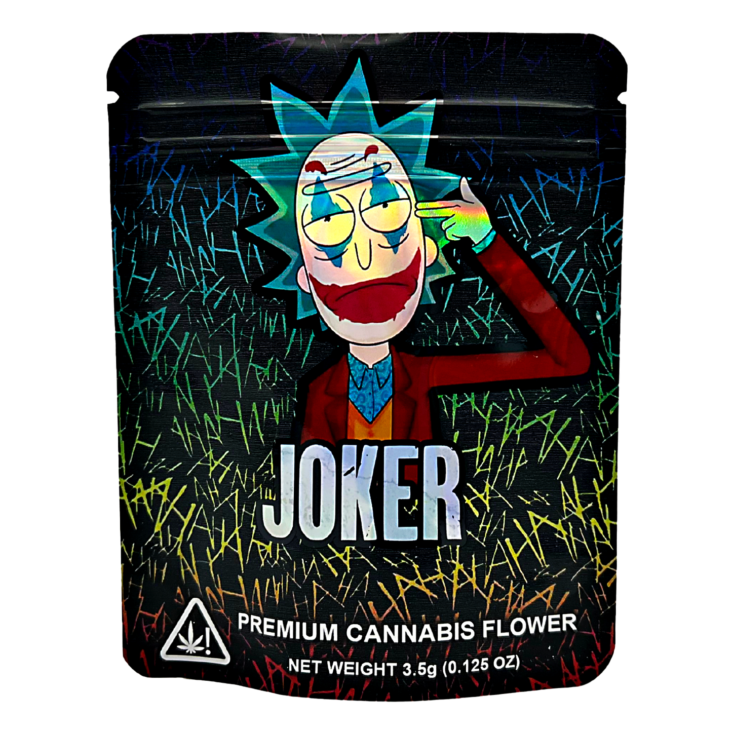 3.5G Mylar Bags, Cannabis Mylar Bags, Where to buy mylar bags, Custom mylar bags near me, Mylar Bags Wholesale. Cannabis packaging with a Joker-themed design on a black background