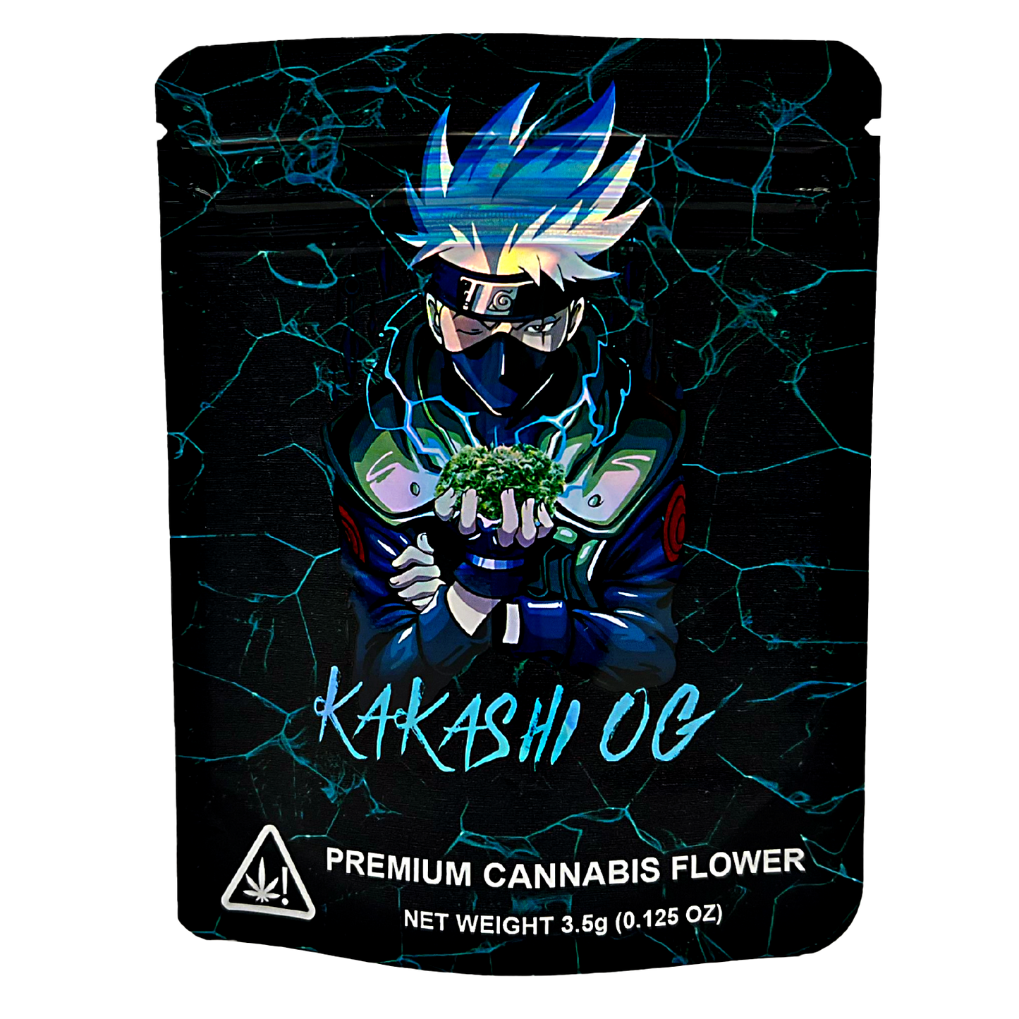 3.5G Mylar Bags, Cannabis Mylar Bags, Where to buy mylar bags, Custom mylar bags near me, Mylar Bags Wholesale. Cannabis packaging with character design and 'Kakashi OG' branding