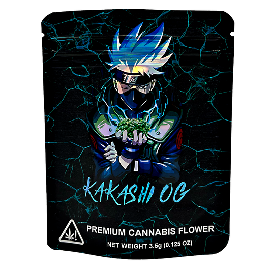 3.5G Mylar Bags, herb Mylar Bags, Where to buy mylar bags, Custom mylar bags near me, Mylar Bags Wholesale. herb packaging with character design and 'Kakashi OG' branding