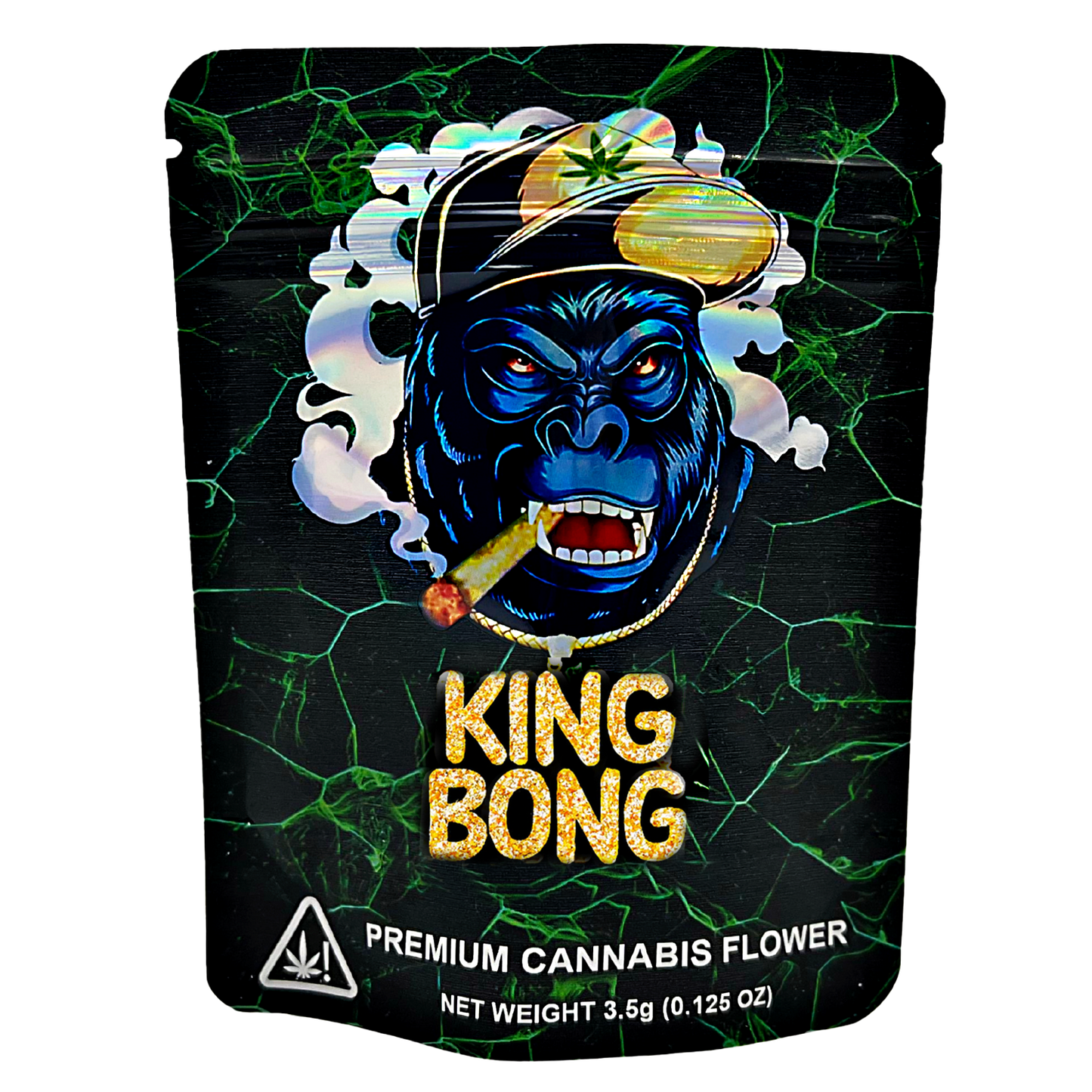 Mylar Bags King Bong premium cannabis flower packaging with a blue gorilla graphic on a black background.