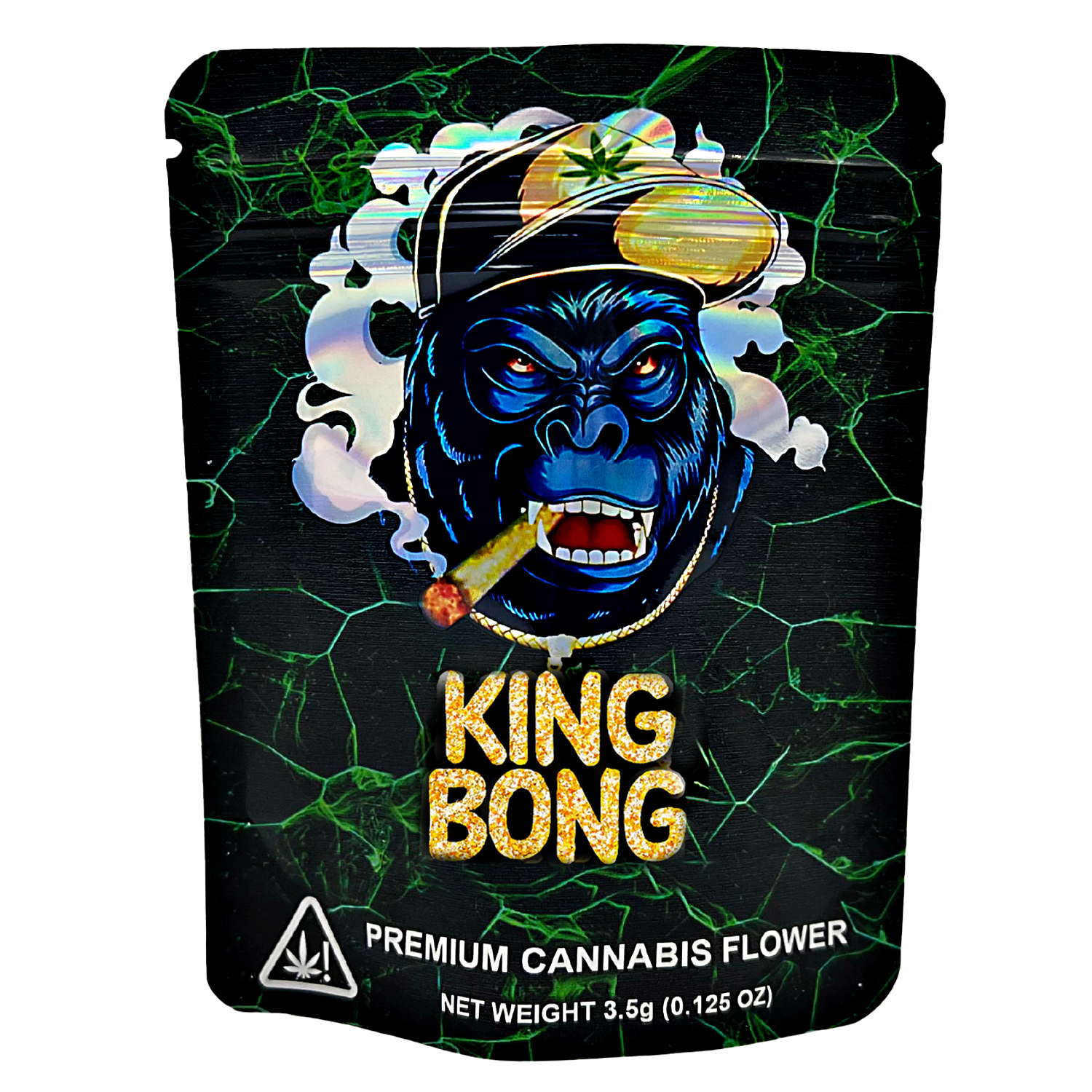 Mylar Bags King Bong premium herb flower packaging with a blue gorilla graphic on a black background.