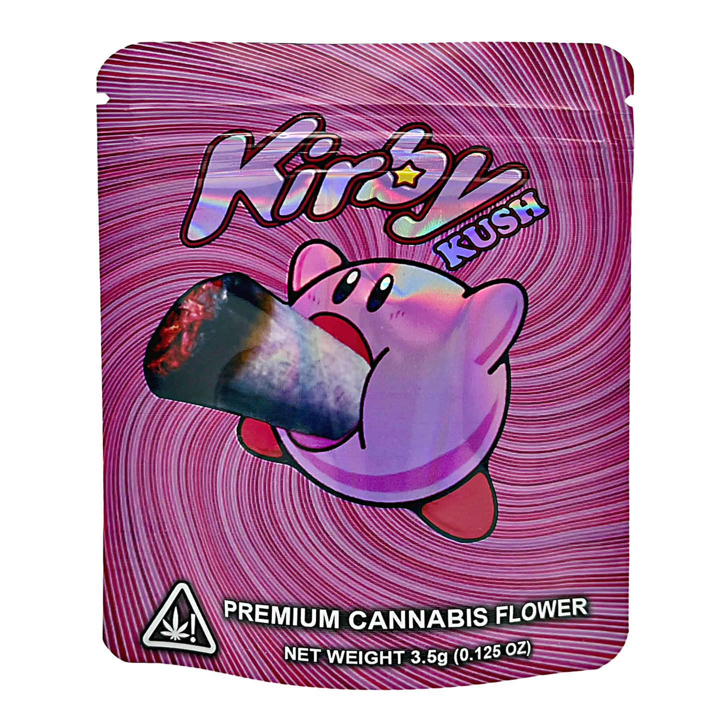 3.5G Mylar Bags, Cannabis Mylar Bags, Where to buy mylar bags, Custom mylar bags near me, Mylar Bags Wholesale. Kush brand packaging with a cartoon character holding a cannabis bud on a pink and purple swirl background.
