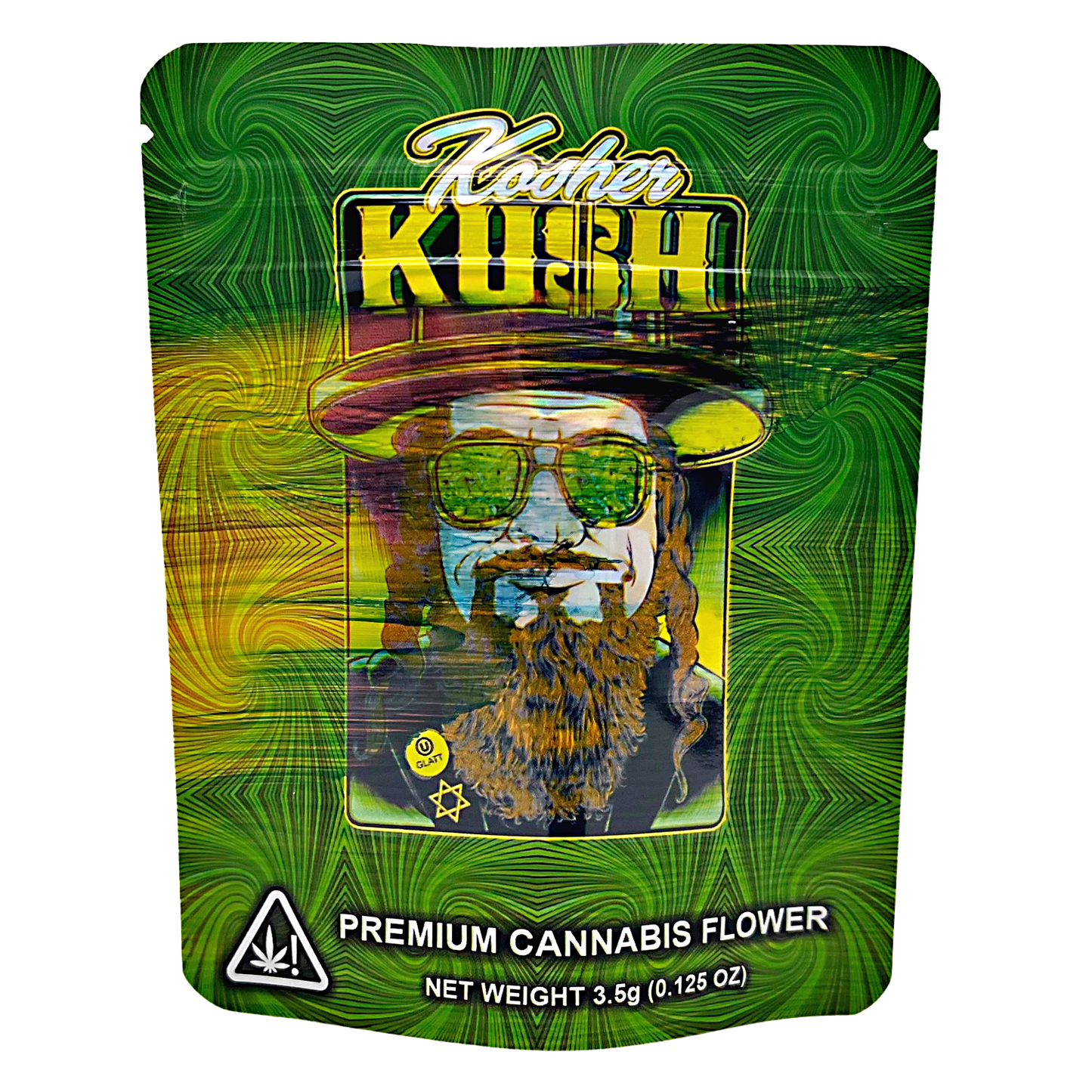 3.5G Mylar Bags, Cannabis Mylar Bags, Where to buy mylar bags, Custom mylar bags near me, Mylar Bags Wholesale. Kush brand packaging with a person wearing sunglasses and a hat on a green and yellow patterned background.