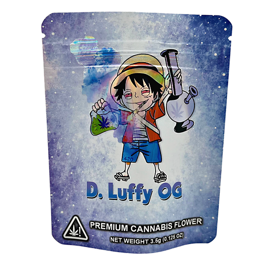 3.5G Mylar Bags, herb Mylar Bags, Where to buy mylar bags, Custom mylar bags near me, Mylar Bags Wholesale. herb packaging with a character design and 'D. Luffy OG' branding.
