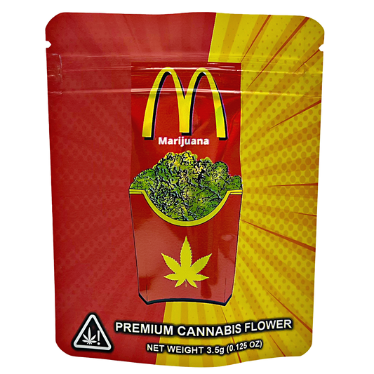 3.5G Mylar Bags, herb Mylar Bags, Where to buy mylar bags, Custom mylar bags near me, Mylar Bags Wholesale. Red and yellow package labeled 'Marijuana' with a herb leaf on a white background