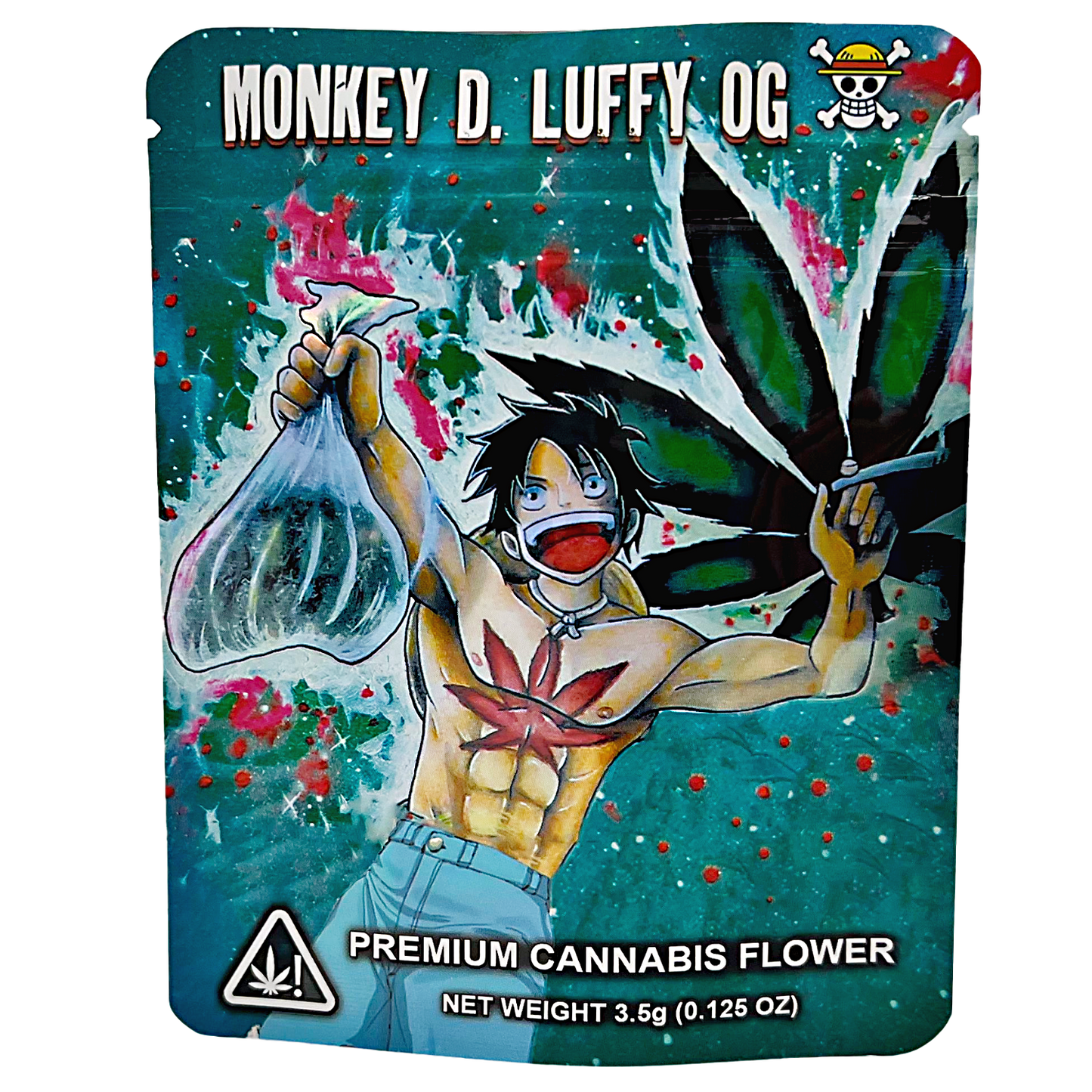 3.5G Mylar Bags, Cannabis Mylar Bags, Where to buy mylar bags, Custom mylar bags near me, Mylar Bags Wholesale. Cannabis packaging with a character holding a bag of flowers, labeled 'Monkey D. Luffy DG'.