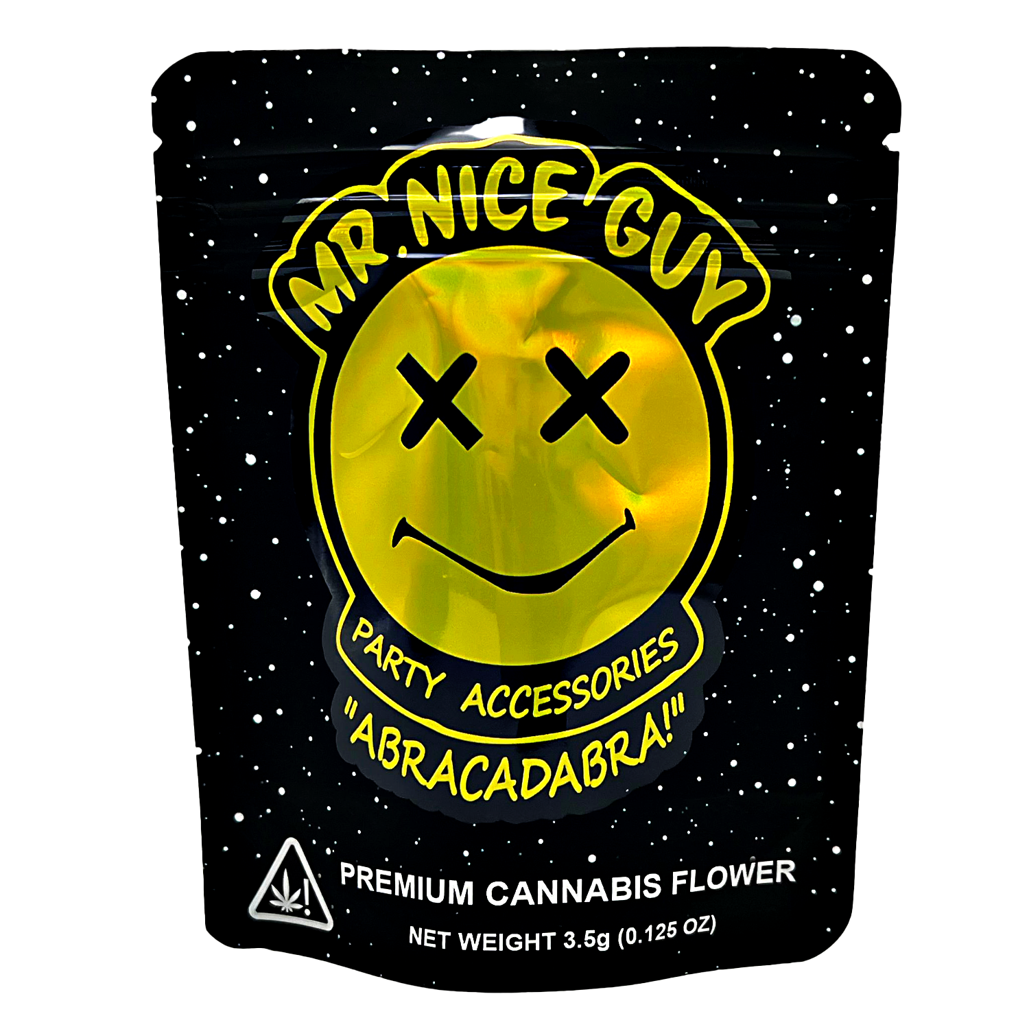 3.5G Mylar Bags, herb Mylar Bags, Where to buy mylar bags, Custom mylar bags near me, Mylar Bags Wholesale. Black packaging with yellow smiley face and text 'Mr Nice Guy' on a white background