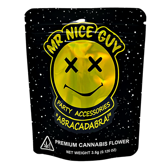 3.5G Mylar Bags, herb Mylar Bags, Where to buy mylar bags, Custom mylar bags near me, Mylar Bags Wholesale. Black packaging with yellow smiley face and text 'Mr Nice Guy' on a white background
