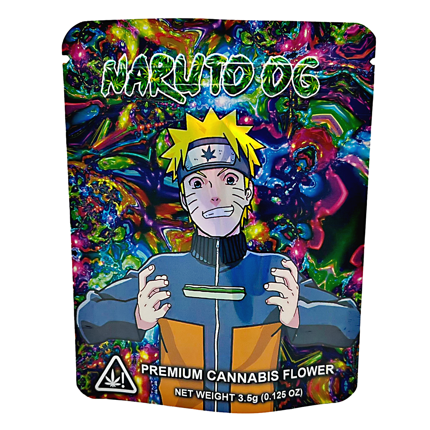 3.5G Mylar Bags, Cannabis Mylar Bags, Where to buy mylar bags, Custom mylar bags near me, Mylar Bags Wholesale. Cannabis packaging with a colorful design featuring an animated character, labeled 'Naruto OG'.
