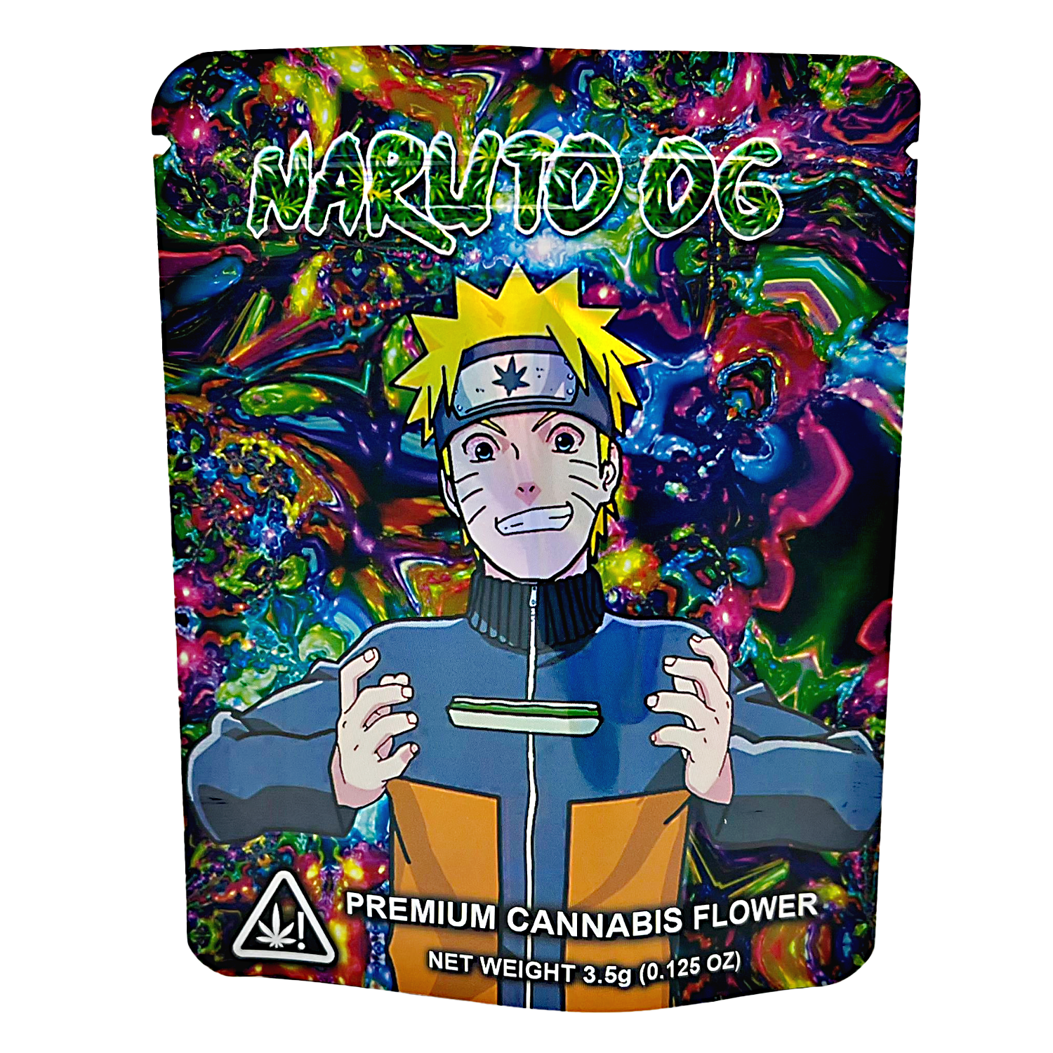 3.5G Mylar Bags, herb Mylar Bags, Where to buy mylar bags, Custom mylar bags near me, Mylar Bags Wholesale. herb packaging with a colorful design featuring an animated character, labeled 'Naruto OG'.