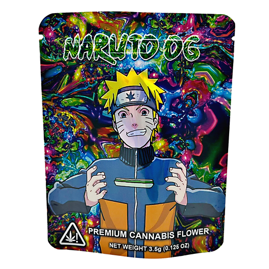 3.5G Mylar Bags, herb Mylar Bags, Where to buy mylar bags, Custom mylar bags near me, Mylar Bags Wholesale. herb packaging with a colorful design featuring an animated character, labeled 'Naruto OG'.