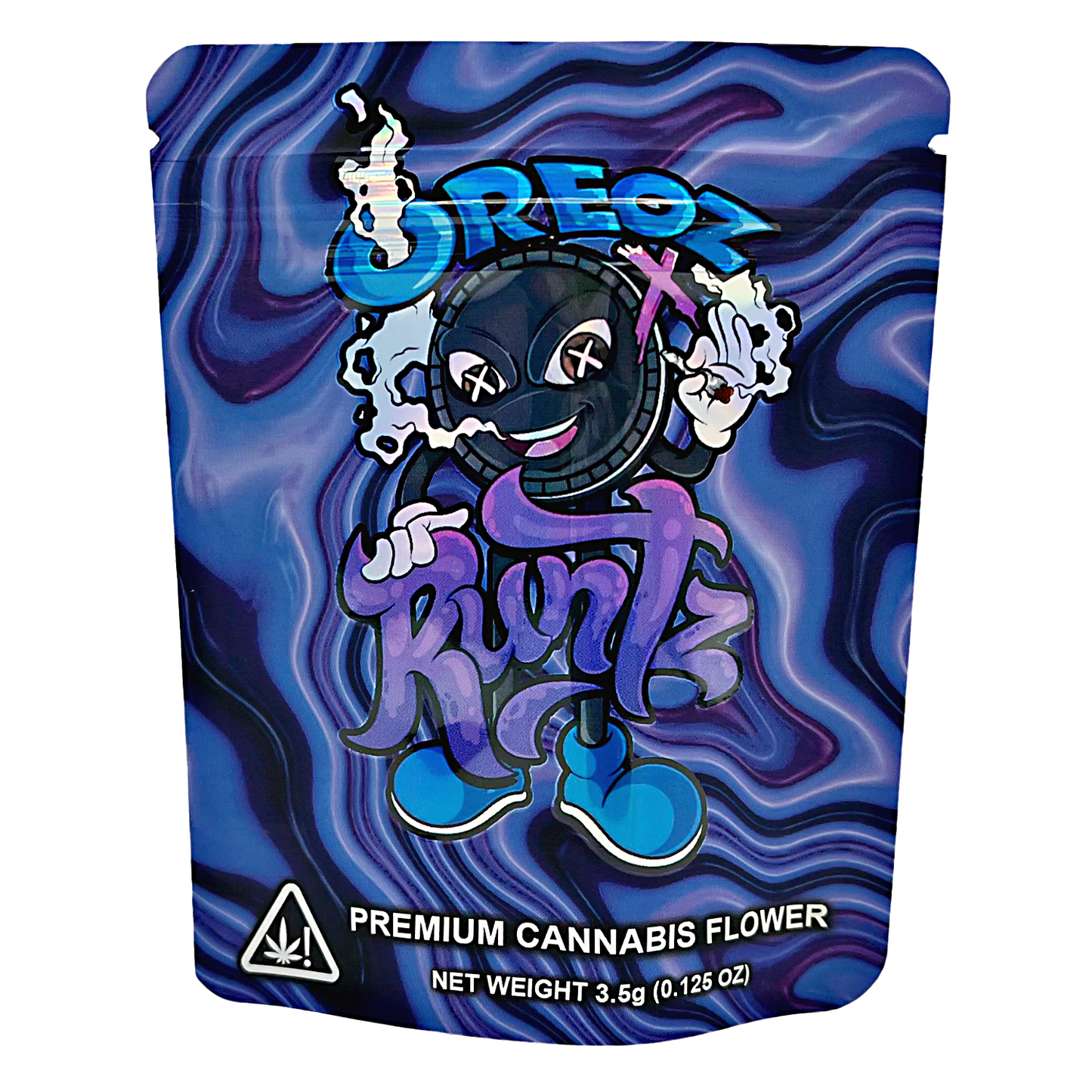 3.5G Mylar Bags, Cannabis Mylar Bags, Where to buy mylar bags, Custom mylar bags near me, Mylar Bags Wholesale. Cannabis packaging with cartoon character and 'OREO' branding on a blue and purple swirl background