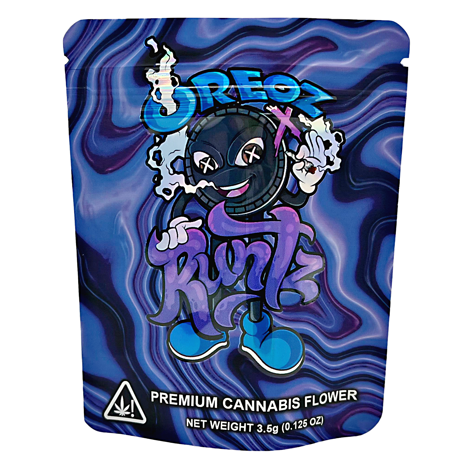 3.5G Mylar Bags, herb Mylar Bags, Where to buy mylar bags, Custom mylar bags near me, Mylar Bags Wholesale. herb packaging with cartoon character and 'OREO' branding on a blue and purple swirl background