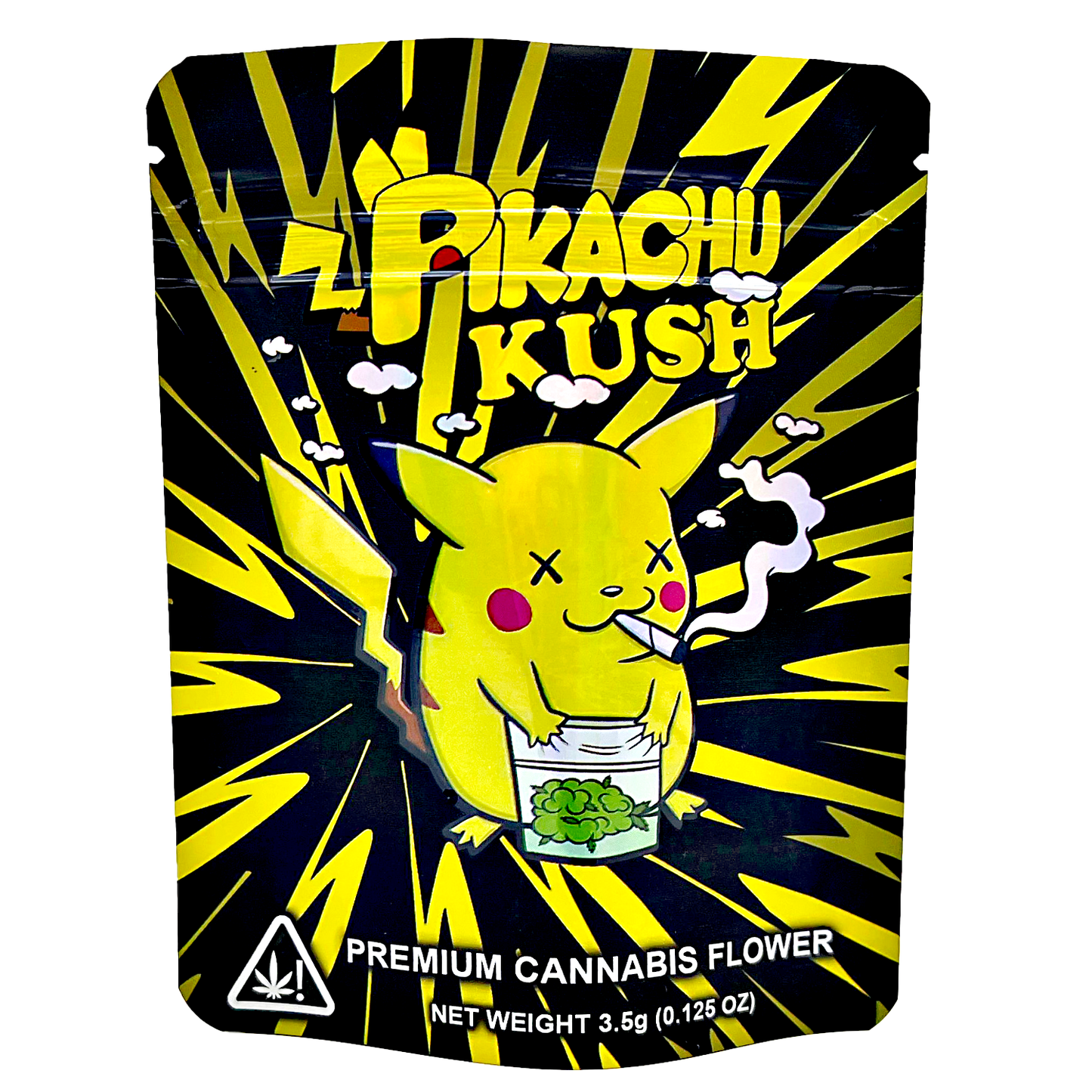 3.5G Mylar Bags, Cannabis Mylar Bags, Where to buy mylar bags, Custom mylar bags near me, Mylar Bags Wholesale. Pikachu Kush packaging with a cartoon Pikachu smoking a joint on a black and yellow background.