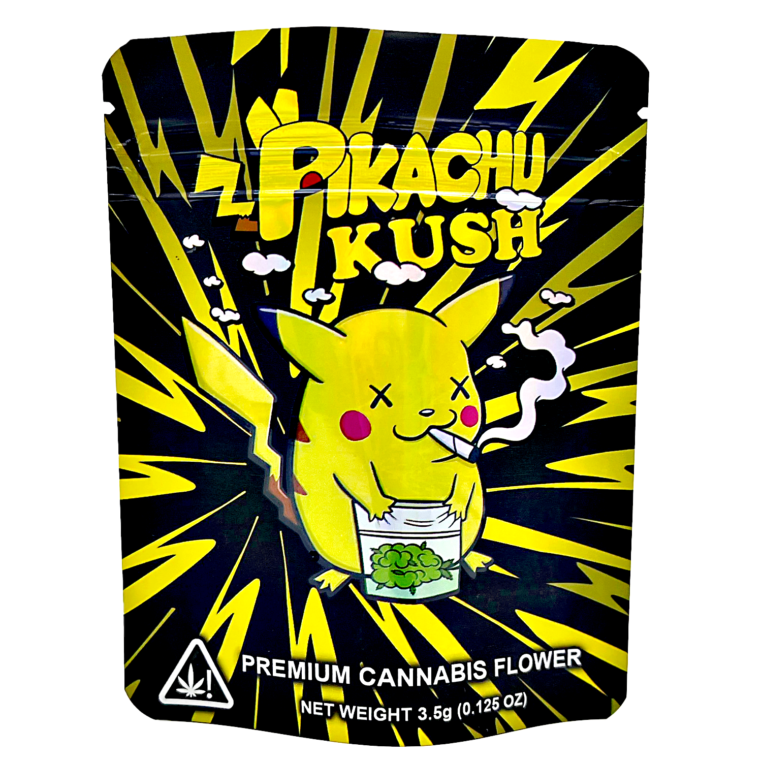 3.5G Mylar Bags, herb Mylar Bags, Where to buy mylar bags, Custom mylar bags near me, Mylar Bags Wholesale. Pikachu Kush packaging with a cartoon Pikachu smoking a joint on a black and yellow background.