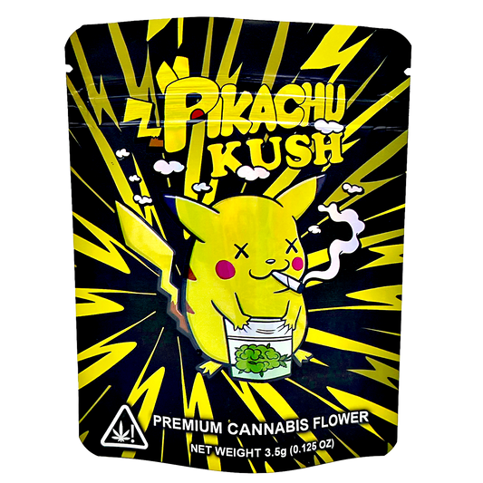 3.5G Mylar Bags, herb Mylar Bags, Where to buy mylar bags, Custom mylar bags near me, Mylar Bags Wholesale. Pikachu Kush packaging with a cartoon Pikachu smoking a joint on a black and yellow background.