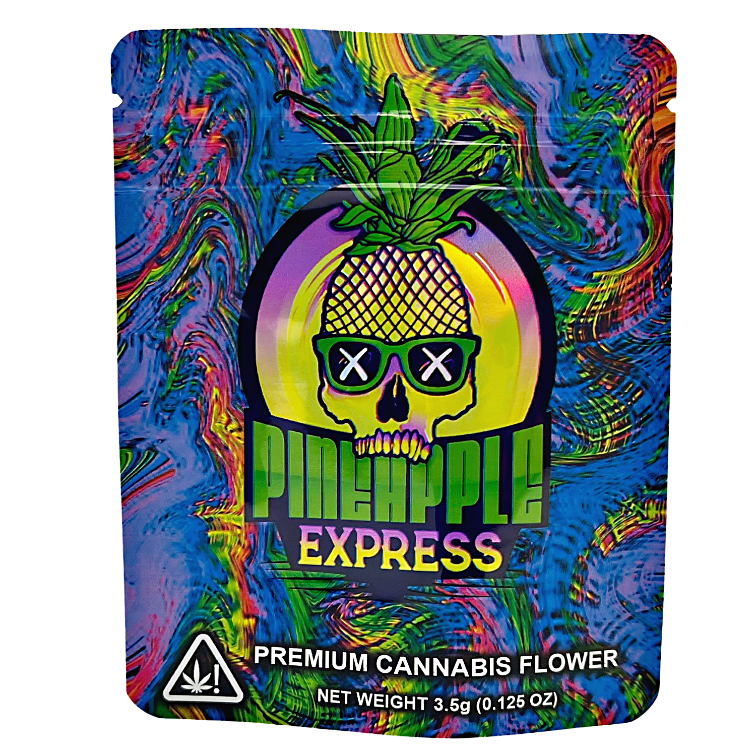 3.5G Mylar Bags, herb Mylar Bags, Where to buy mylar bags, Custom mylar bags near me, Mylar Bags Wholesale. Colorful packaging of Pineapple Express premium herb flower with a pineapple and skull design.