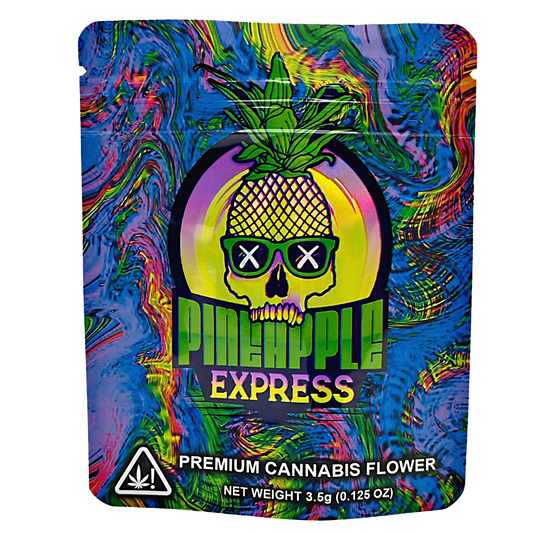 3.5G Mylar Bags, herb Mylar Bags, Where to buy mylar bags, Custom mylar bags near me, Mylar Bags Wholesale. Colorful packaging of Pineapple Express premium herb flower with a pineapple and skull design.