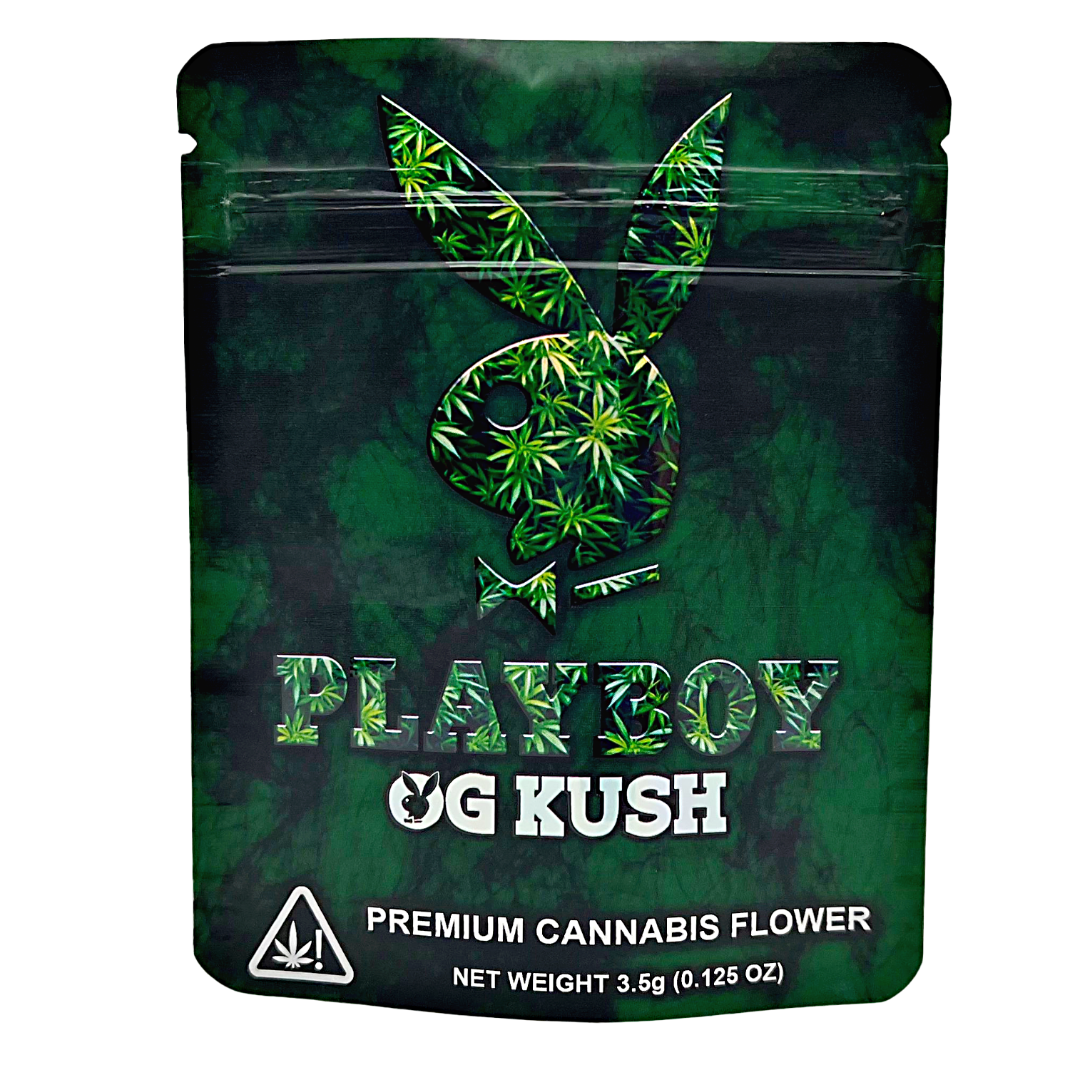 Mylar Bag Playboy branded OG Kush herb flower packaging on a green background