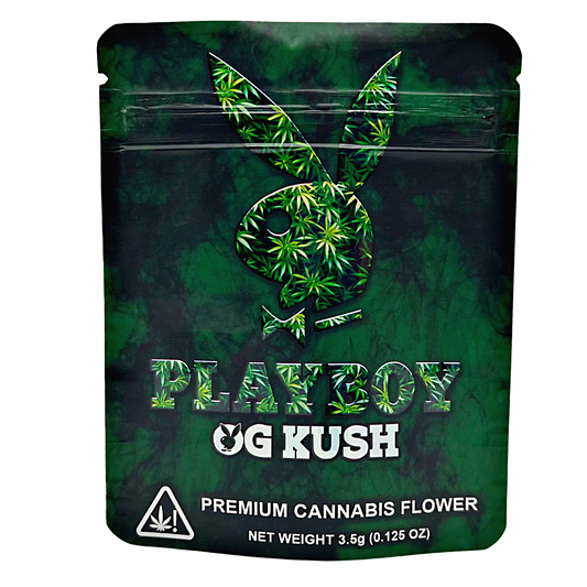 Mylar Bag Playboy branded OG Kush herb flower packaging on a green background