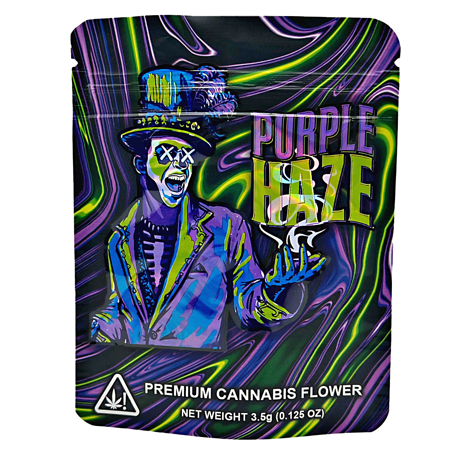 3.5G Mylar Bags, herb Mylar Bags, Where to buy mylar bags, Custom mylar bags near me, Mylar Bags Wholesale. herb packaging with a colorful design and text 'Purple Haze' on a white background.