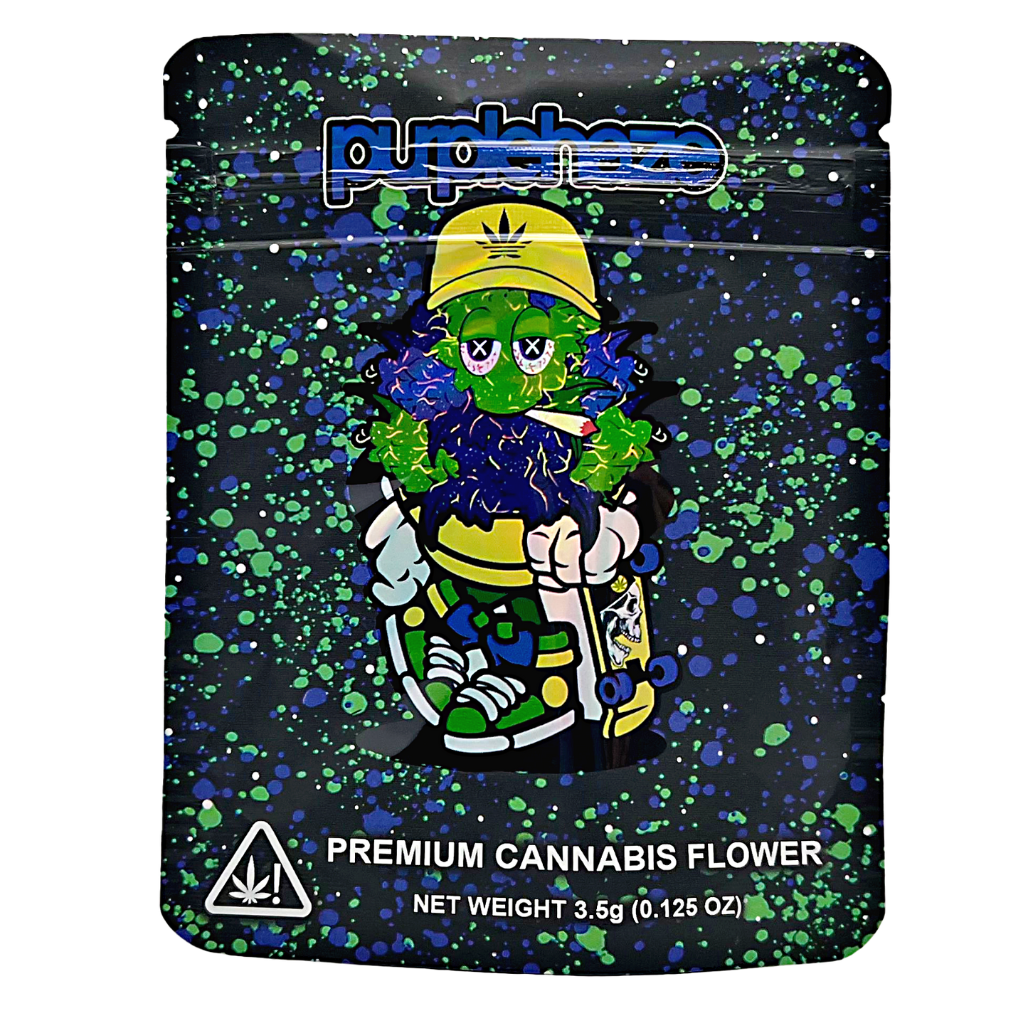 3.5G Mylar Bags, Cannabis Mylar Bags, Where to buy mylar bags, Custom mylar bags near me, Mylar Bags Wholesale. Cannabis packaging with cartoon character and brand logo on a black background with blue and green splatter.