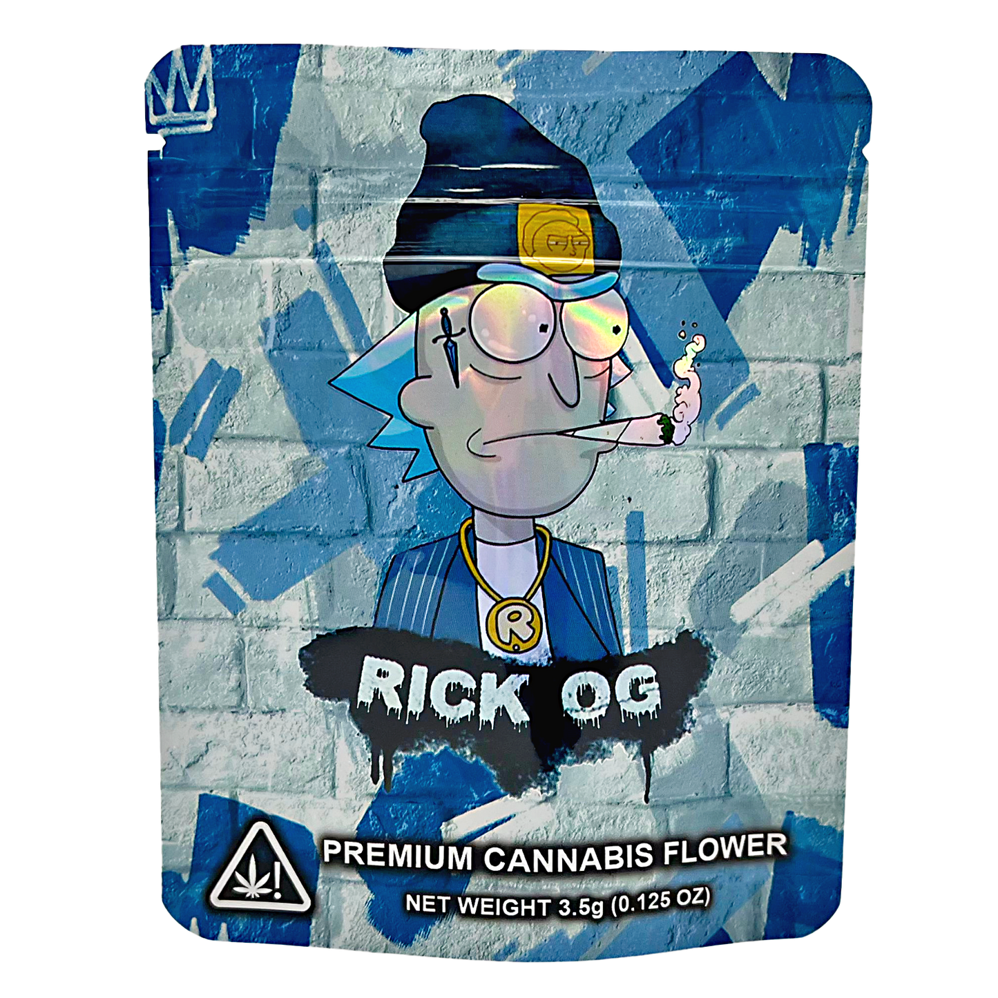 3.5G Mylar Bags, Cannabis Mylar Bags, Where to buy mylar bags, Custom mylar bags near me, Mylar Bags Wholesale. Packaging of Rick and Morty-themed cannabis product with cartoon character on a blue and gray background.