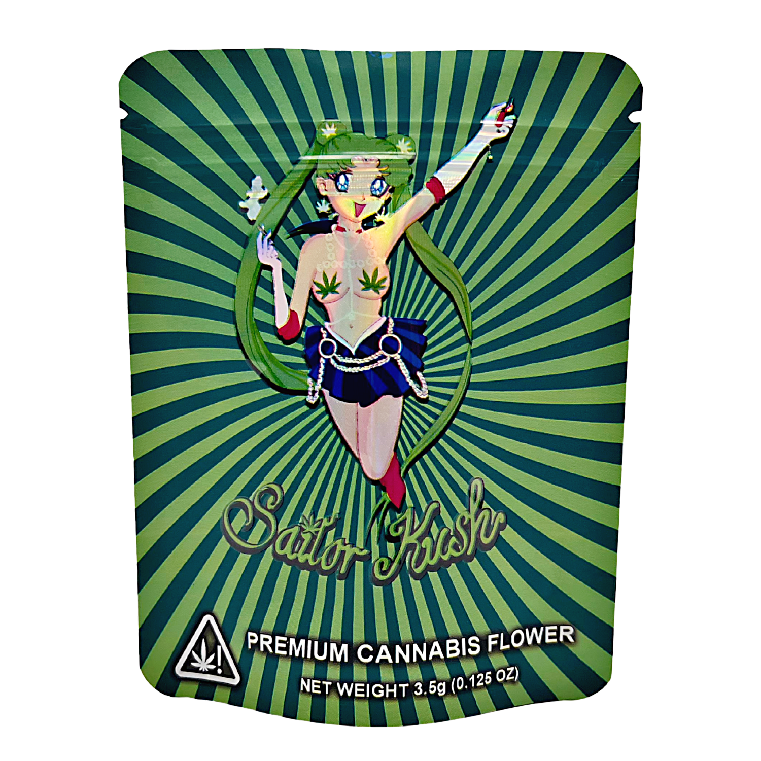 3.5G Mylar Bags, herb Mylar Bags, Where to buy mylar bags, Custom mylar bags near me, Mylar Bags Wholesale. Sailor Krishna-themed packaging for premium herb flower with green and blue design.