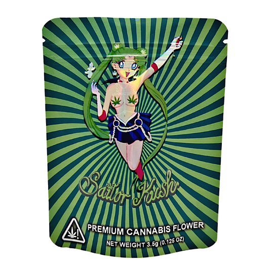 3.5G Mylar Bags, herb Mylar Bags, Where to buy mylar bags, Custom mylar bags near me, Mylar Bags Wholesale. Sailor Krishna-themed packaging for premium herb flower with green and blue design.