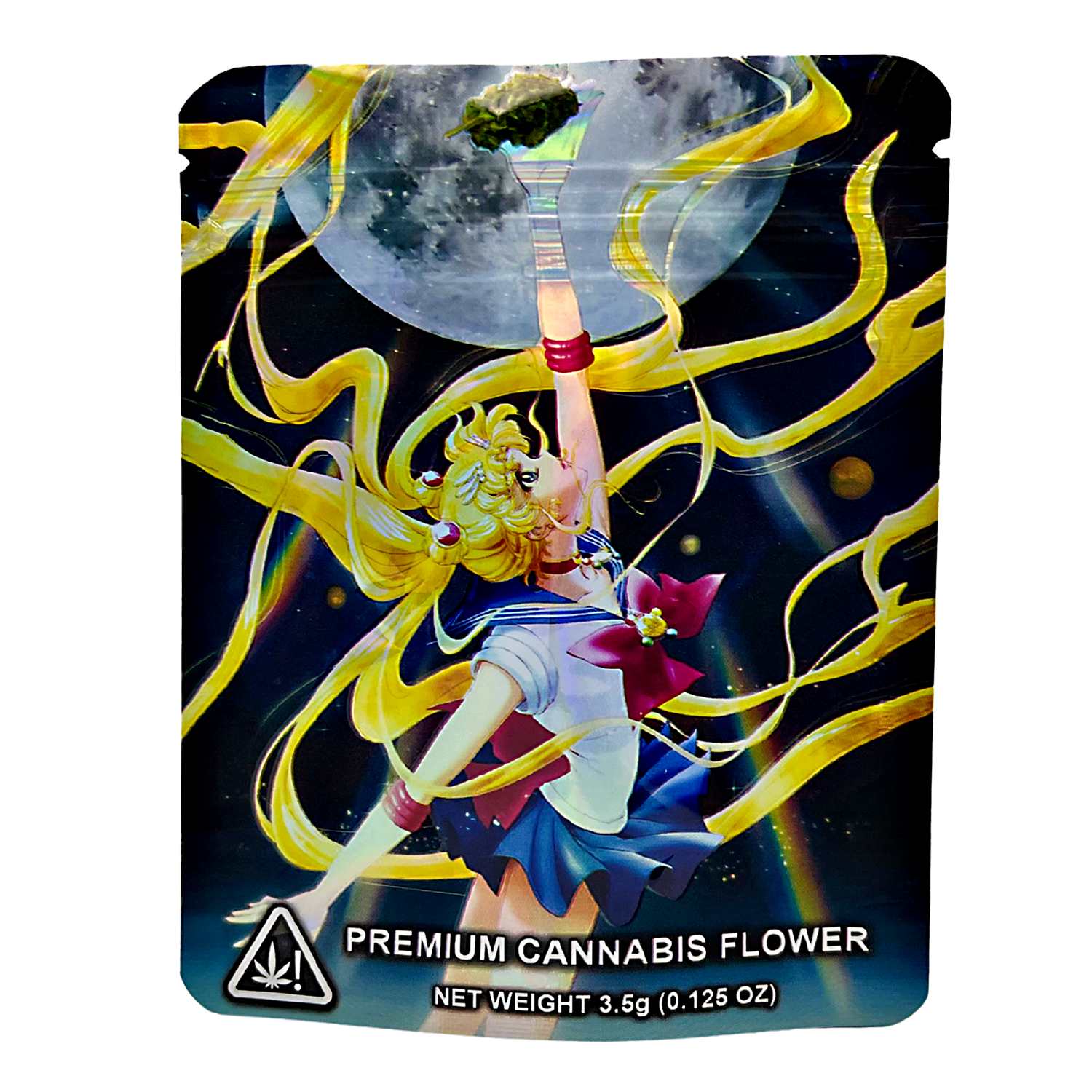 3.5G Mylar Bags, herb Mylar Bags, Where to buy mylar bags, Custom mylar bags near me, Mylar Bags Wholesale. herb packaging with a stylized character and moon background