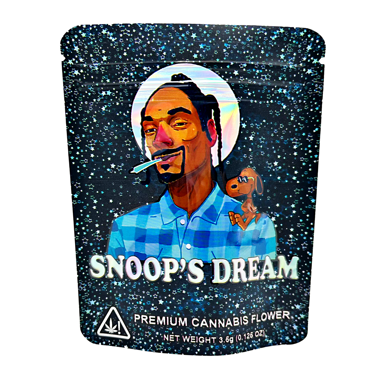 3.5G Mylar Bags, Cannabis Mylar Bags, Where to buy mylar bags, Custom mylar bags near me, Mylar Bags Wholesale. Cannabis packaging with a person smoking a joint and 'Snoop's Dream' branding.
