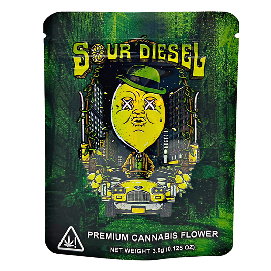 3.5G Mylar Bags, herb Mylar Bags, Where to buy mylar bags, Custom mylar bags near me, Mylar Bags Wholesale. Sour Diesel herb packaging with a yellow lemon character and green background