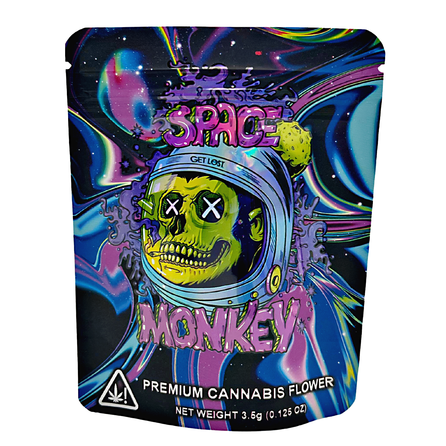 3.5G Mylar Bags, herb Mylar Bags, Where to buy mylar bags, Custom mylar bags near me, Mylar Bags Wholesale. Space Monkey herb flower packaging with colorful design and space-themed illustration.