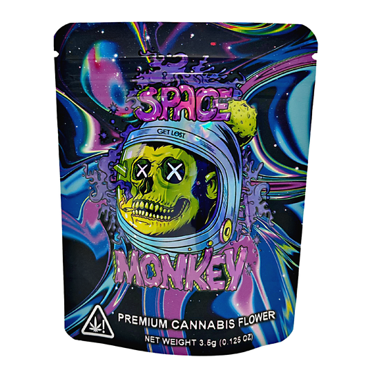 3.5G Mylar Bags, herb Mylar Bags, Where to buy mylar bags, Custom mylar bags near me, Mylar Bags Wholesale. Space Monkey herb flower packaging with colorful design and space-themed illustration.