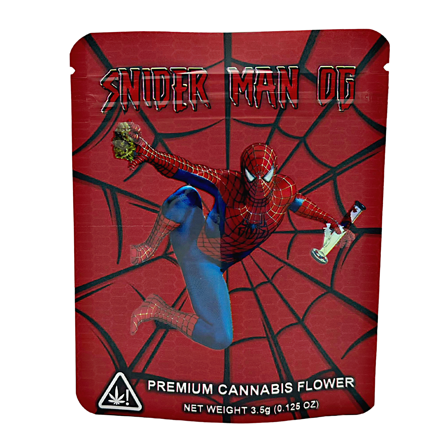 Mylar Bags Spider-Man themed herb packaging with red and black web pattern