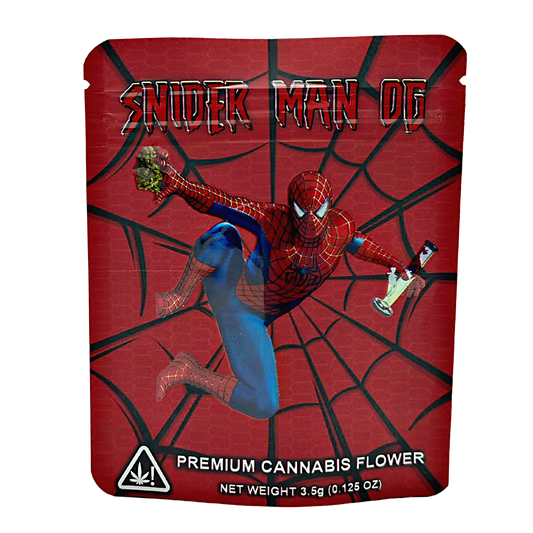 Mylar Bags Spider-Man themed herb packaging with red and black web pattern