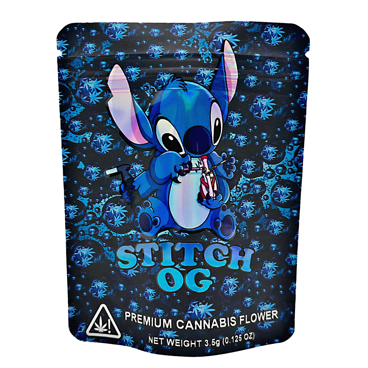 Cannabis packaging with a cartoon character on a blue and black 3.5G Mylar Bags, Cannabis Mylar Bags, Where to buy mylar bags, Custom mylar bags near me, Mylar Bags Wholesale. background