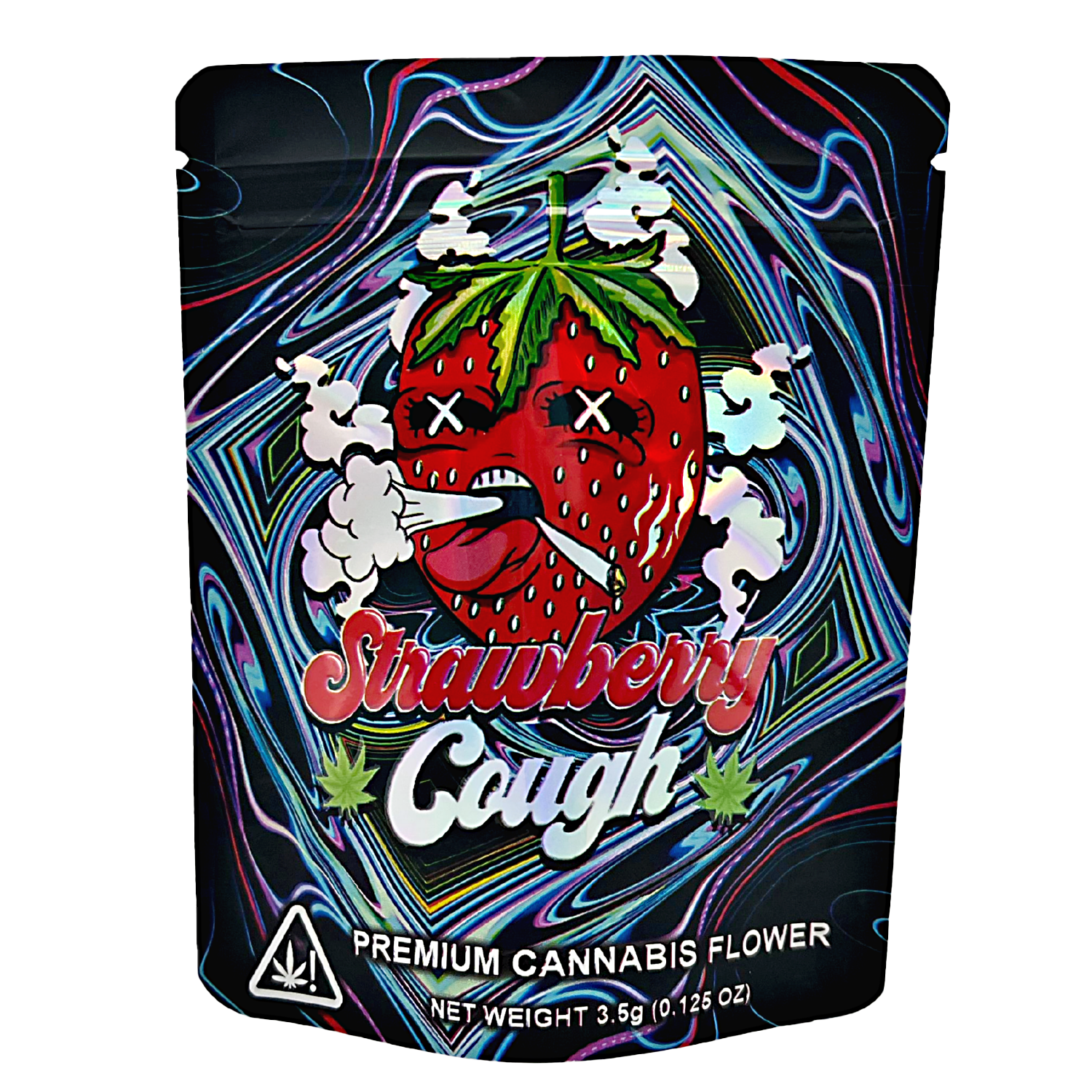 3.5G Mylar Bags, herb Mylar Bags, Where to buy mylar bags, Custom mylar bags near me, Mylar Bags Wholesale. Strawberry Cough herb flower packaging with colorful design and strawberry illustration.