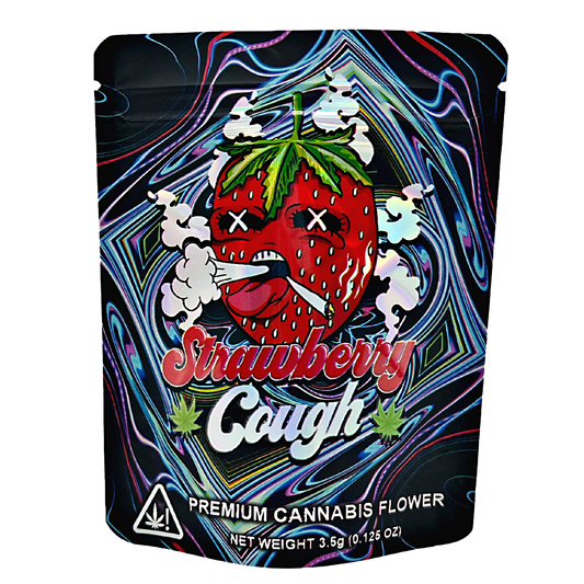 3.5G Mylar Bags, herb Mylar Bags, Where to buy mylar bags, Custom mylar bags near me, Mylar Bags Wholesale. Strawberry Cough herb flower packaging with colorful design and strawberry illustration.