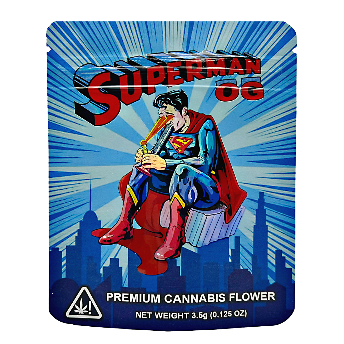 Mylar Bag Superman-themed cannabis packaging with cityscape background