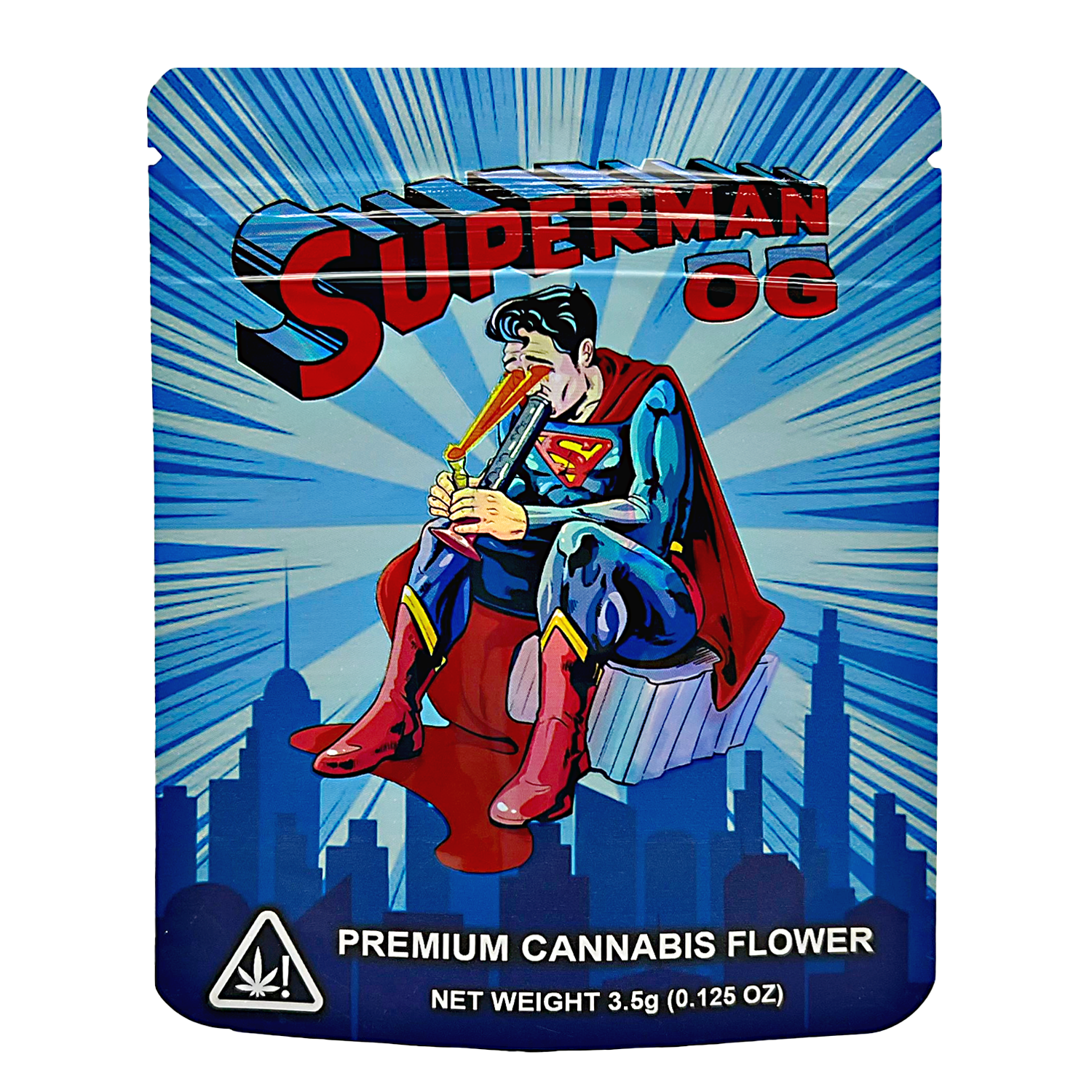 Mylar Bag Superman-themed herb packaging with cityscape background