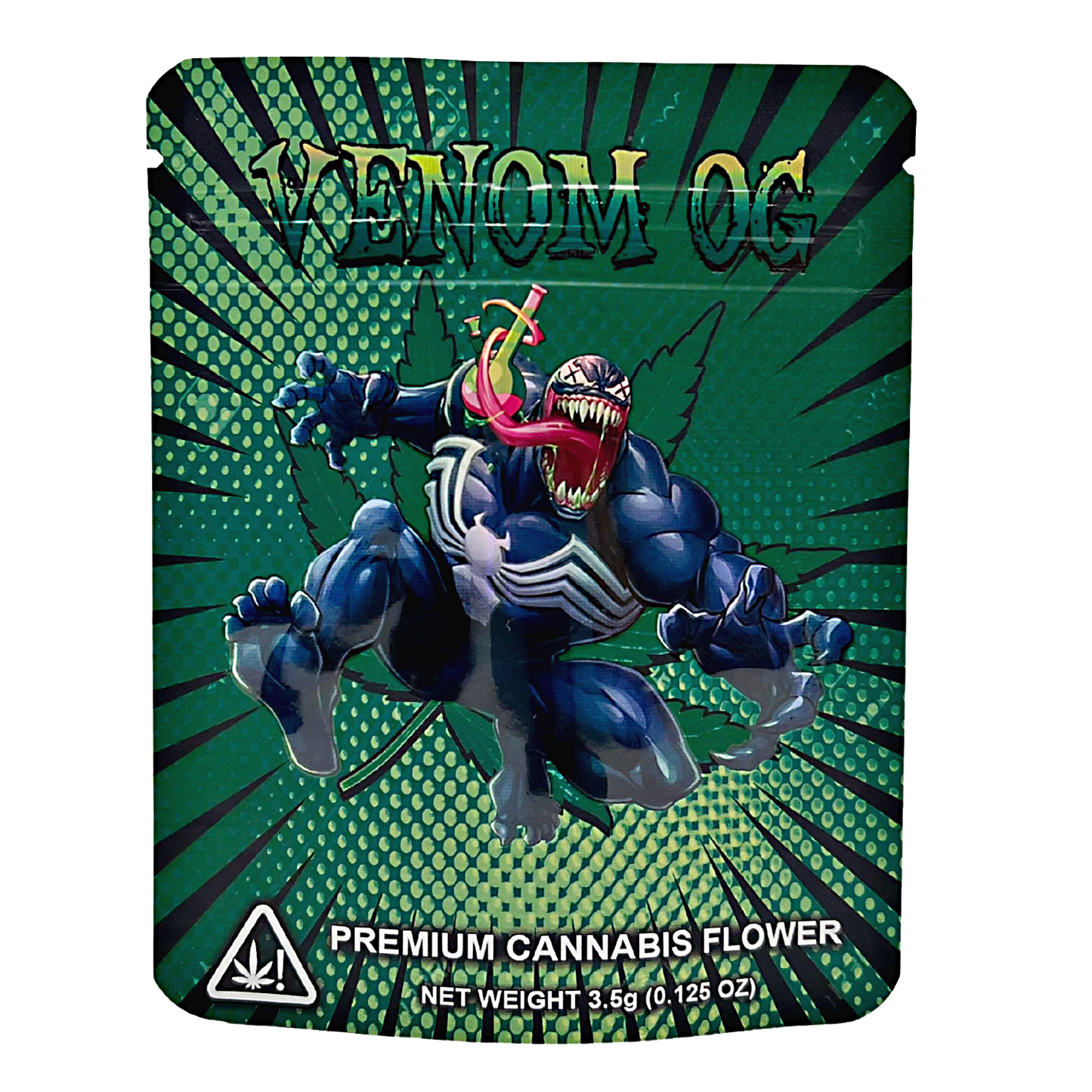 3.5G Mylar Bags, Cannabis Mylar Bags, Where to buy mylar bags, Custom mylar bags near me, Mylar Bags Wholesale. Cannabis packaging with Venom character design on a green and black background