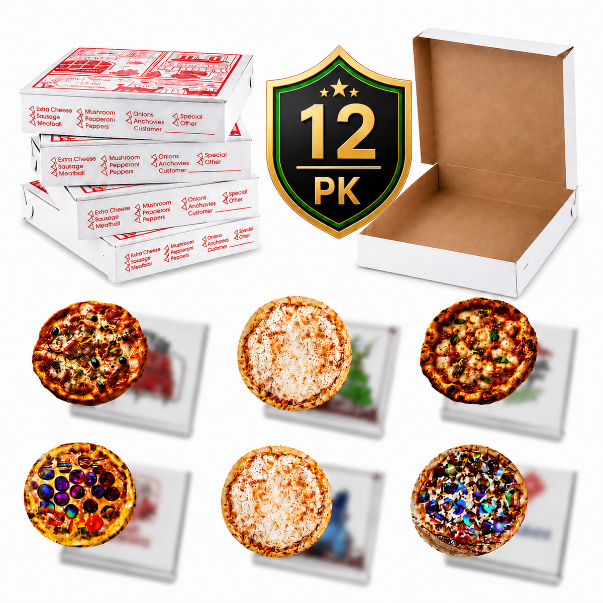 12 pk Mini Pizza Boxes with Matching Round Pouches Inserts