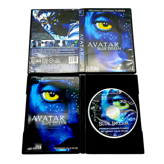 Mylar Bag herb product packaging with 'Avatar Blue Dream' branding on a white background