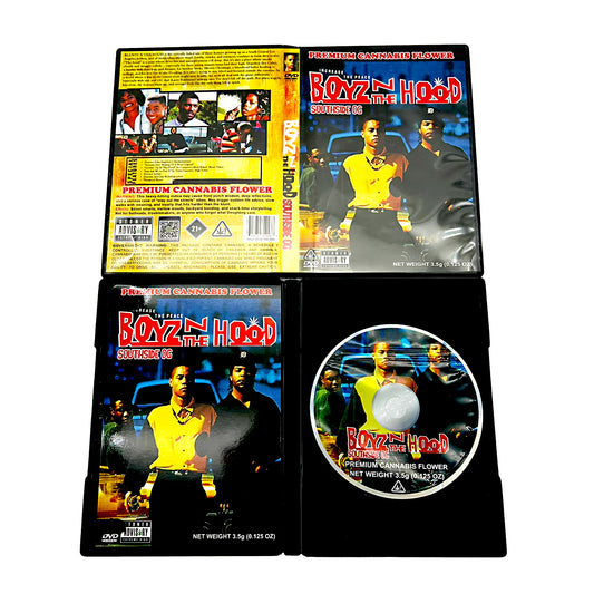Mylar Bag DVD case for 'Boyz n the Hood' with a yellow label on the back