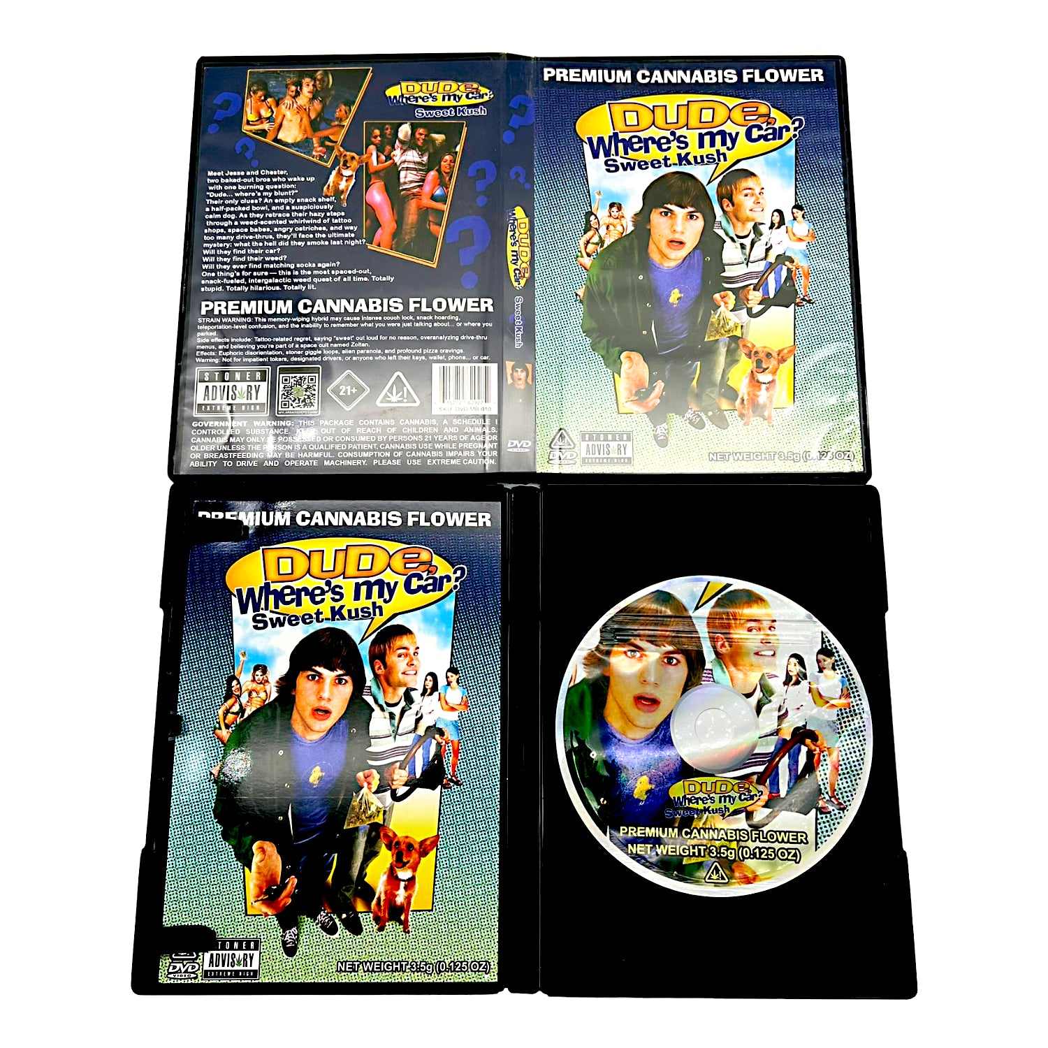 Mylar Bag DVD case and disc of 'Dude, Where's My Car? Sweet Kush' with promotional images on a white background.