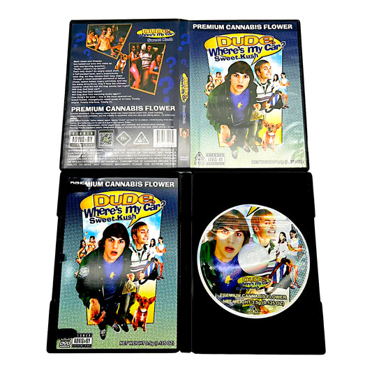 Mylar Bag DVD case and disc of 'Dude, Where's My Car? Sweet Kush' with promotional images on a white background.
