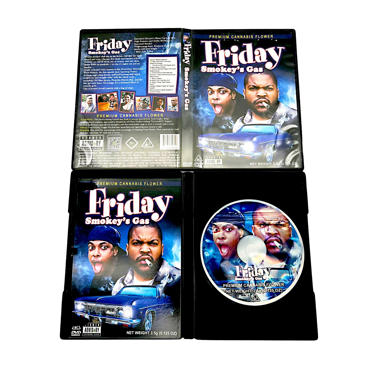 Mylar Bag herb product packaging with 'Friday' movie references on a white background